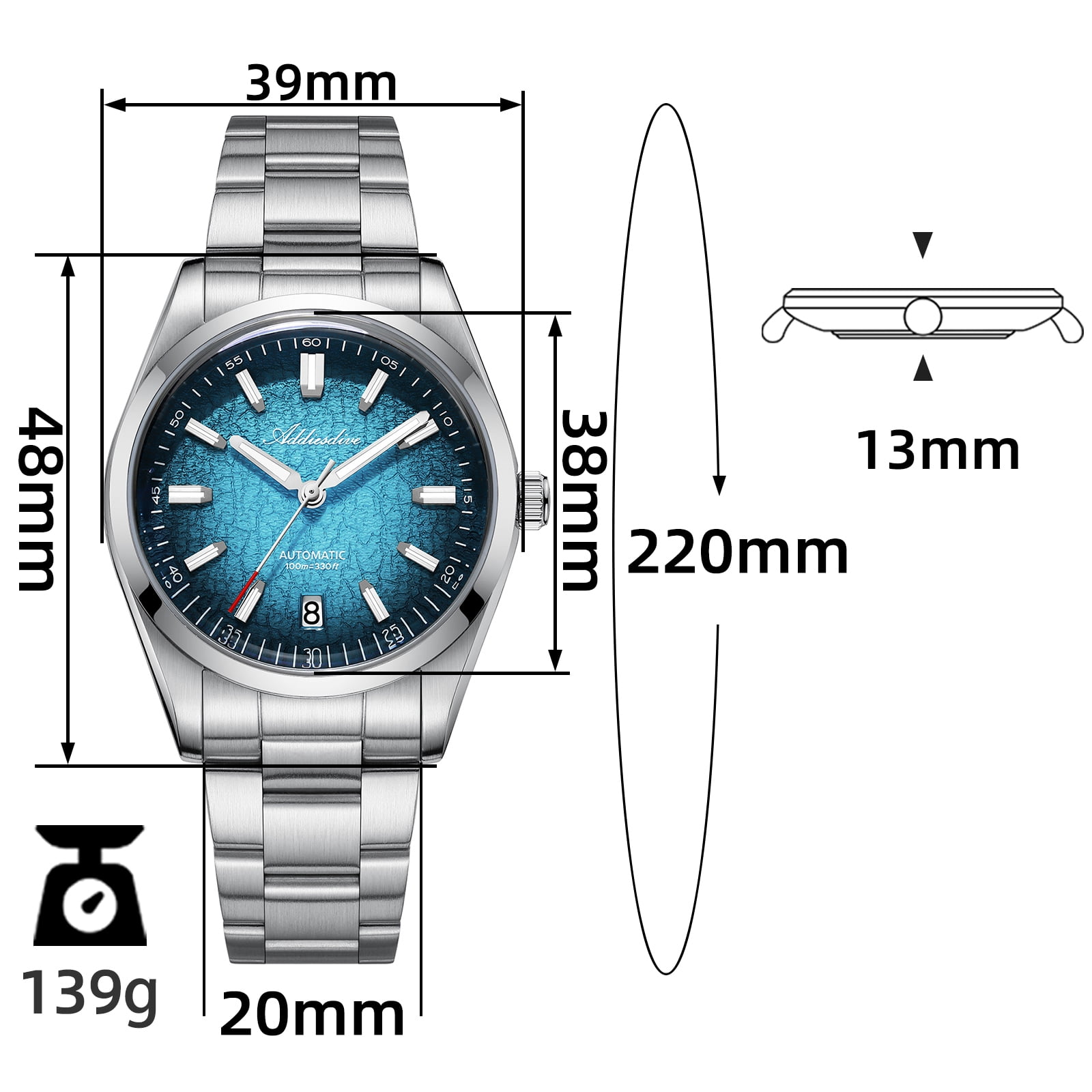 ADDIESDIVE Automatic Watches for Men Diver 100m, 316l Stainless Steel, Japanese Movement, BGW9 Luminous, Blue
