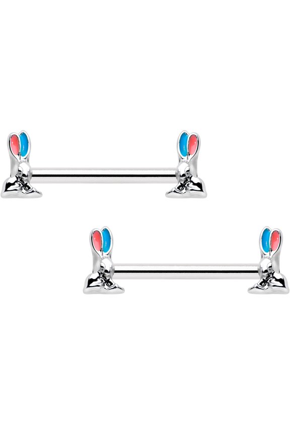 14G Womens Piercing Stainless Steel 2Pc Easter Bunny Red Blue Ears Nipple Ring Set 9/16