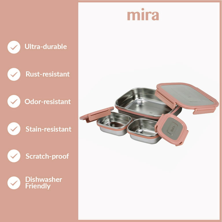 MIRA 20oz Stainless Steel Lunch Container with Two 6oz Snack Containers,  Locking Lids, Pink
