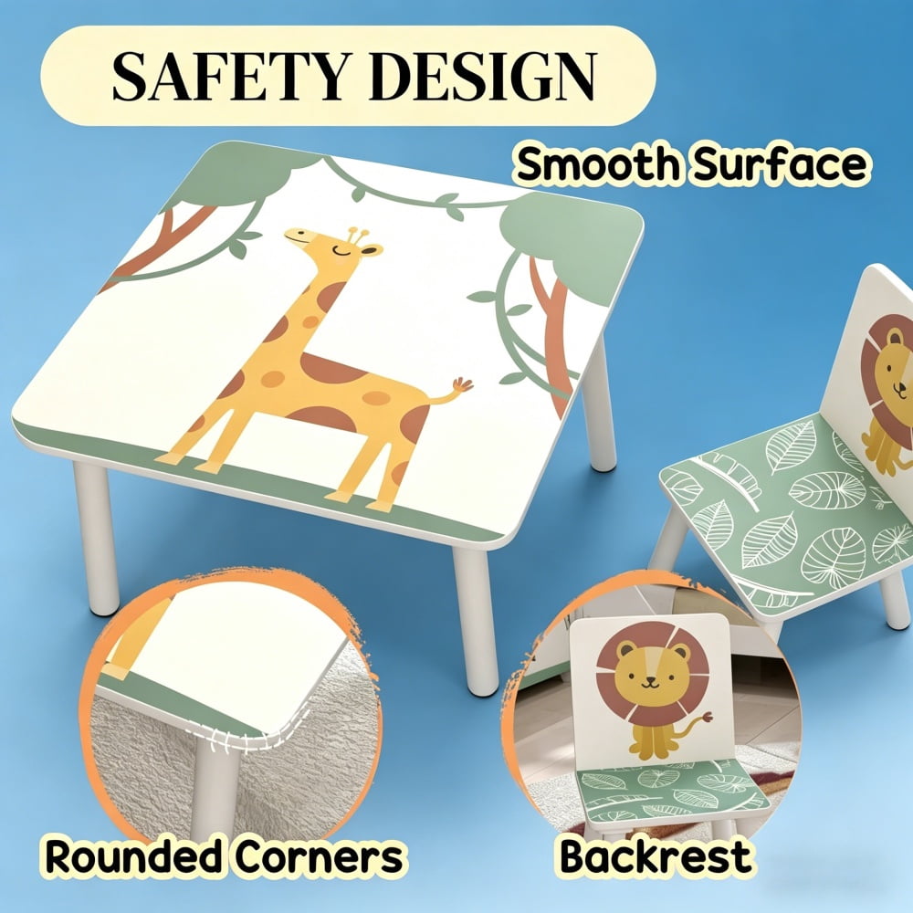 Kids Table and Chair Set, Green, MDF & Pine Material, 3-Piece (1 Table + 2 Chairs) for 3-8 Years Old Kids, Easy Assembly with Instruction Manual