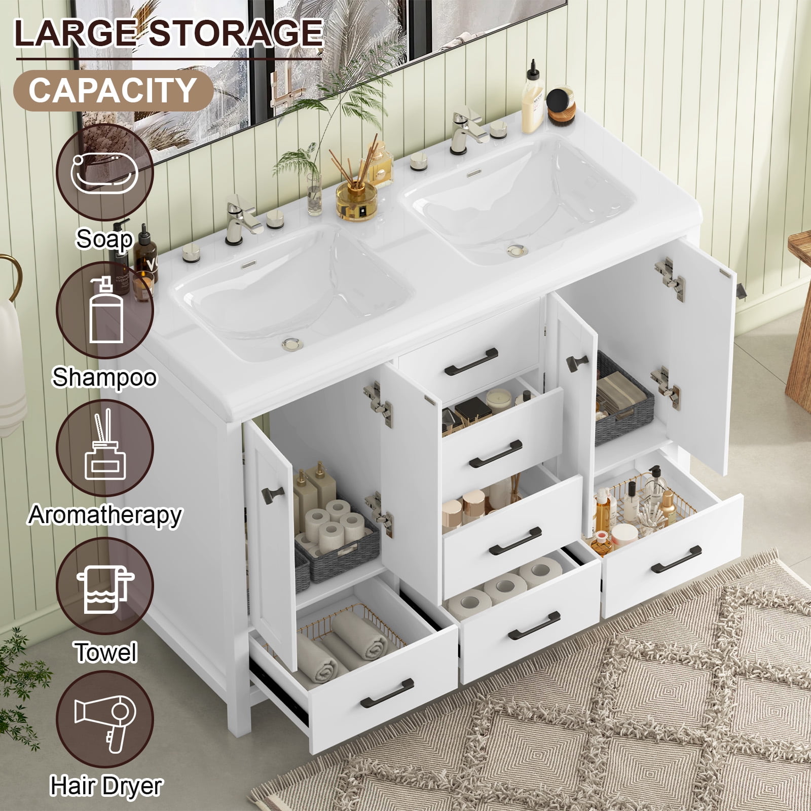 Caulitar 47" Large Bathroom Vanity with Double Ceramic Sink Top, Freestanding Vanity Cabinet 6 Drawers and Shelves, White