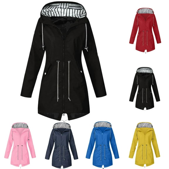 Rain Jacket Women Lightweight Waterproof Plus Size Solid Raincoat Windproof Casual Loose Packable Hooded Top for Outdoor S-5XL on Clearance
