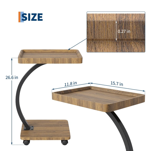 Adjustable Height Side Table with Wheels & 360° Swivel | Multi-Functional c-Shape End Table for Small Spaces | Modern Night Stand for Living Room, Bedroom & Office Use