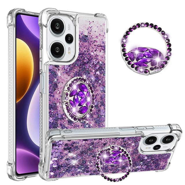 Funda para Xiaomi POCO F5 5G con Brillo Líquido Flotante, Purpurina, Parachoques y Anillo Giratorio Soporte