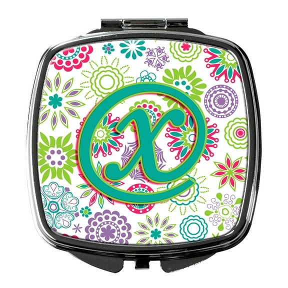 Letter X Flowers Pink Teal Green Initial Compact Mirror CJ2011-XSCM