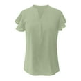 thumbnail image 4 of MIXUE Boho Tops For Women Summer Solid Color V Neck Short Sleeve Ruffled Casual Camisole Basic Soft Pullover Shirts For Women Tee Shirts Daily-Wear,Green,XL, 4 of 5