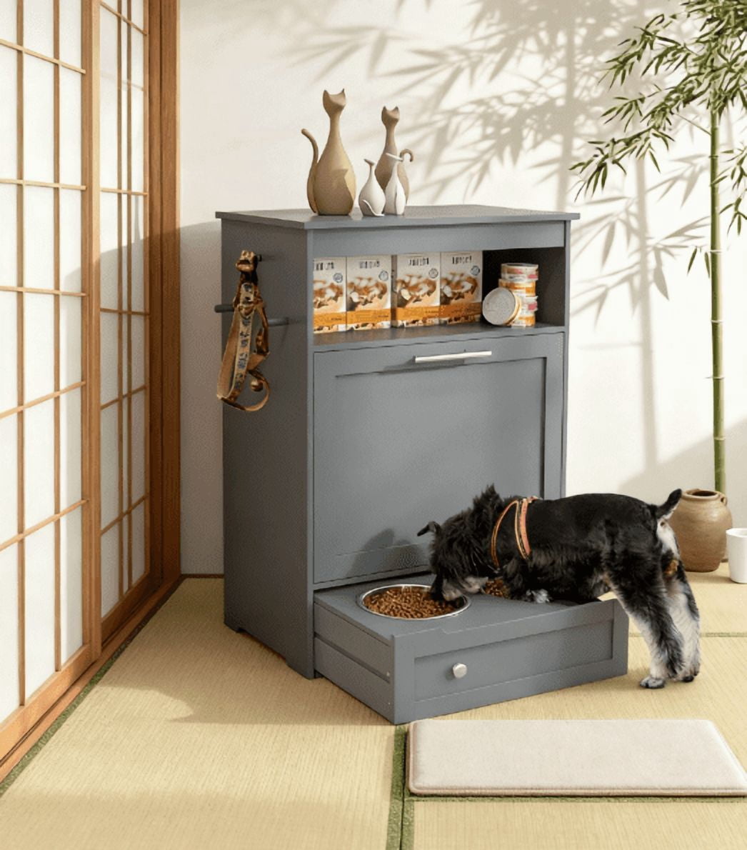 Orthopedic Dog Bed, Pet Feeder Station Storage Cabinet, with Dog Raised Bowls, Gray, Gray Dog Bed,Wood Cat Bed, Pet Supplies Pet Beds & Furniture
