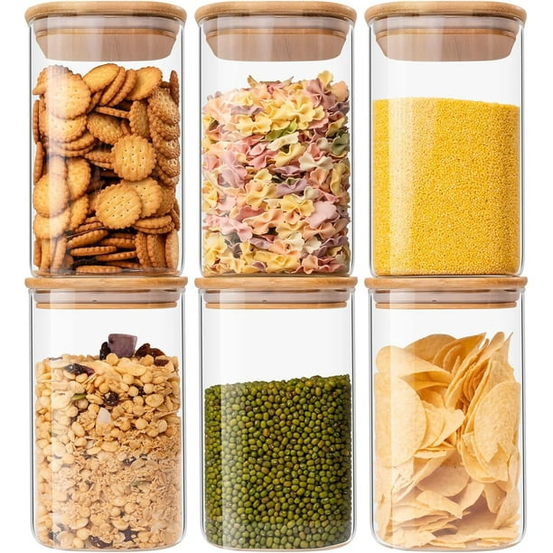 Juego de 6 tarros de vidrio para almacenar alimentos, 37 oz, recipientes de vidrio para almacenar alimentos, recipiente de vidrio transparente con tapa de bambú hermético para servir té, café,