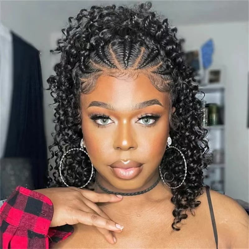 Braided Wigs Human Hair Bob Curly Hair Wig13x4 Lace Frontal Wigs Cornrow Braided Short Wigs for Black Women Glueless Curly Lace Front Wigs （10 inch） (Black)