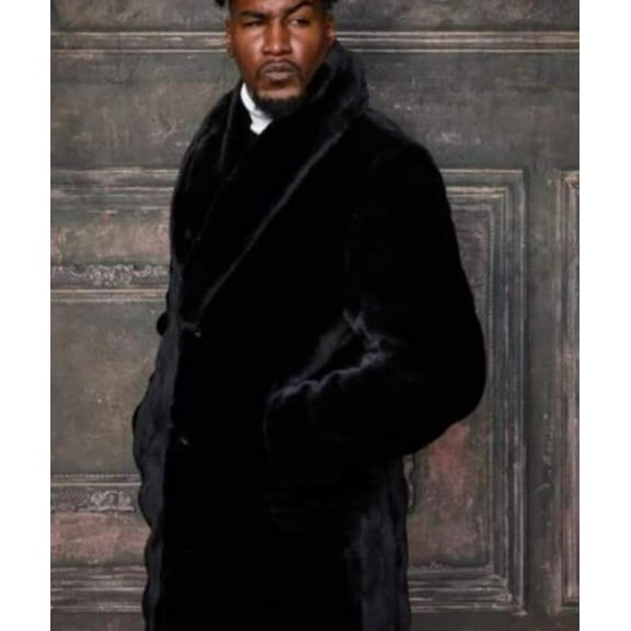 Mens Fashion Black Faux Fur Overcoat