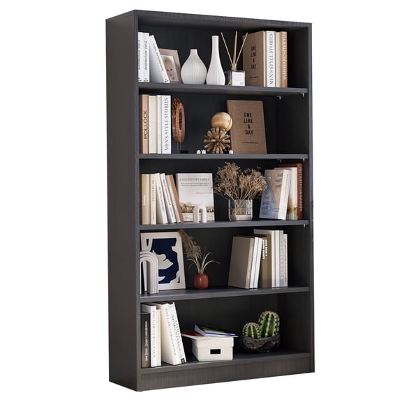 Grey Bookshelf 5 Shelf, 60 Inches Tall Modern Wood Bookcase, Wide Manga Bookshelf for Bedroom, Office, Living Room, Library