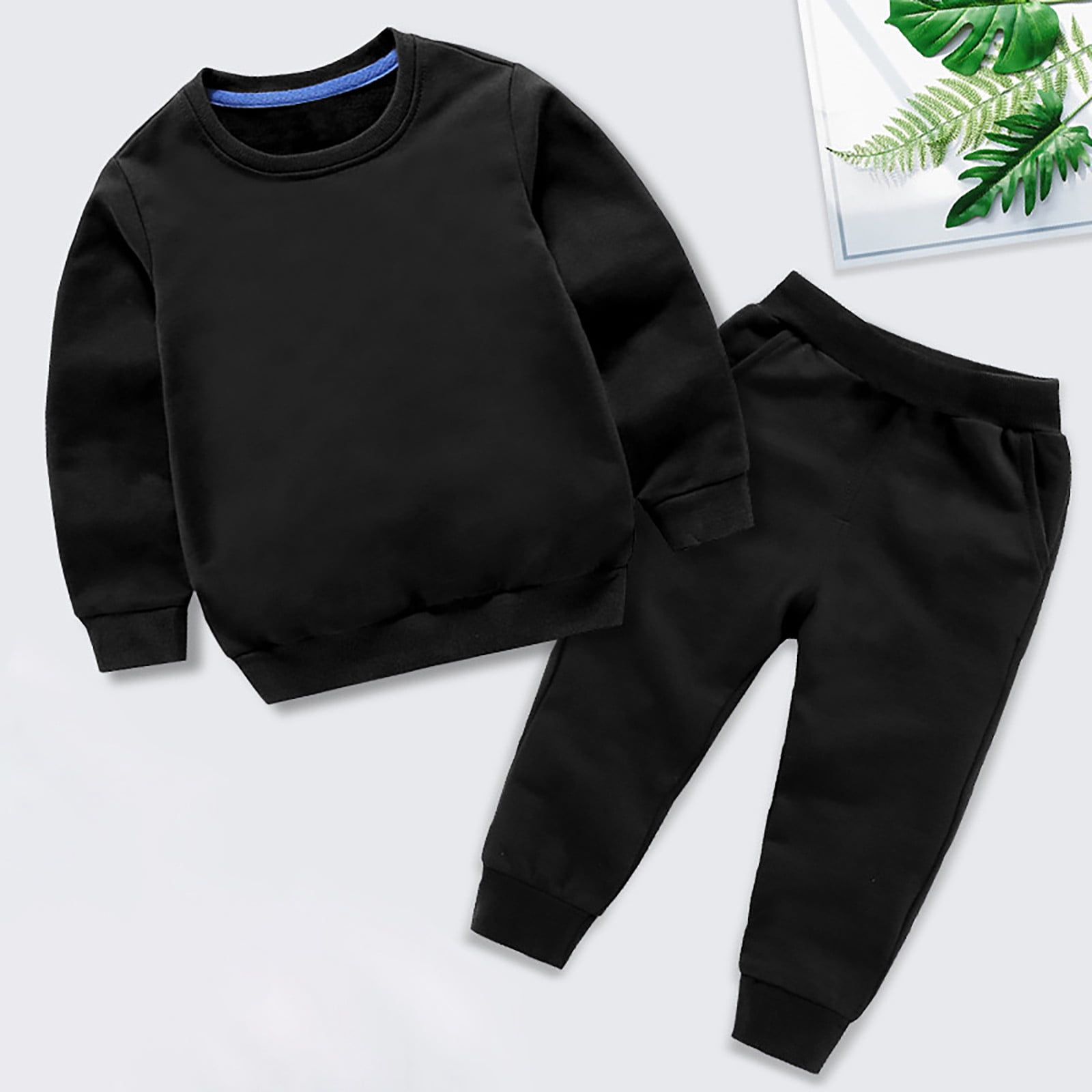 School Kids Clothes,Baby Boy Girl Winter Set Long Sleeve Solid Pullover Sweatshirt Pants Outfit Two Piece Fall Cold Weather Warm Play Wear,Toddler Clothes,Black,9-10 Years