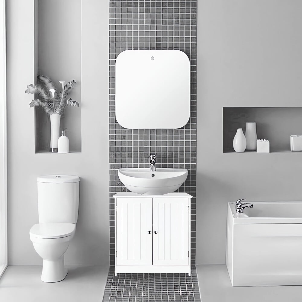 23" Pedestal Sink Storage Cabinet with Adjustable Shelf, Wood Under Sink Cabinet with 2 Doors, Bathroom Sink Cabinet with U-Shape, White