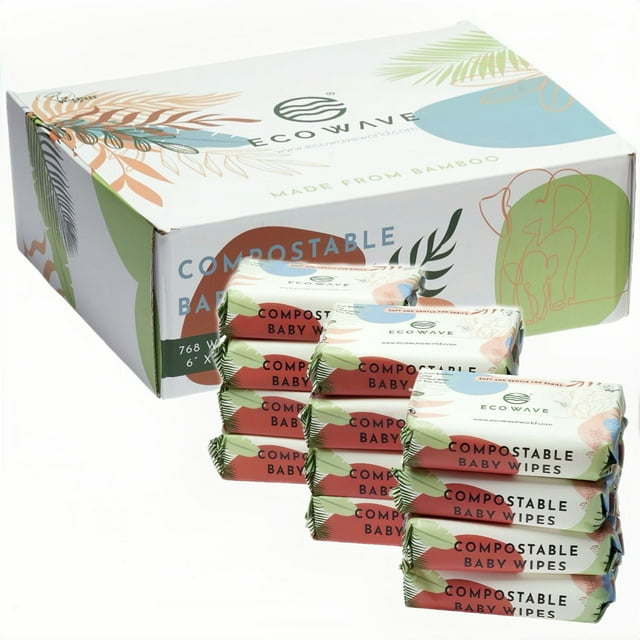 Toallitas húmedas para bebé Eco Wave de bambú, 100% compostables, sin fragancia, paquete de 12