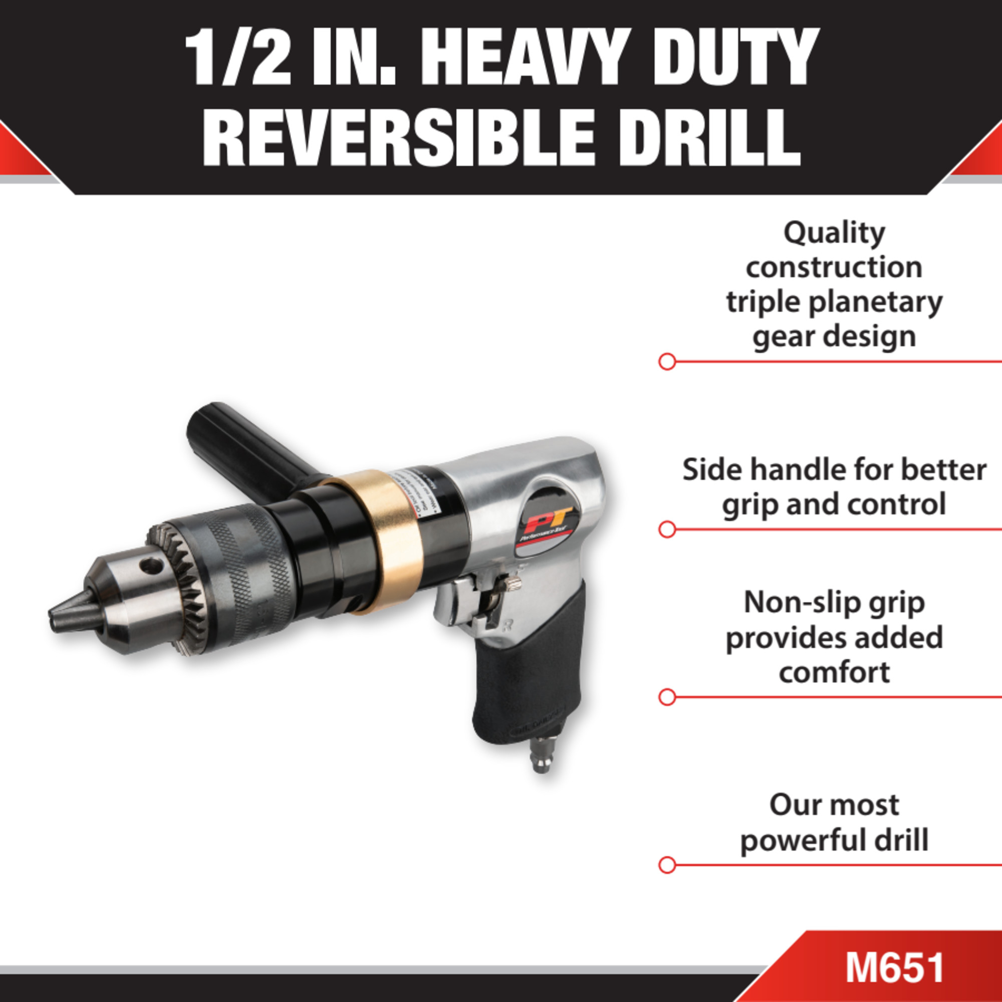 Performance Tool M651 1/2-Inch Heavy Duty Reversible Drill with Keyless Chuck and Variable Speed Trigger for Precision Drilling and Driving Jobs