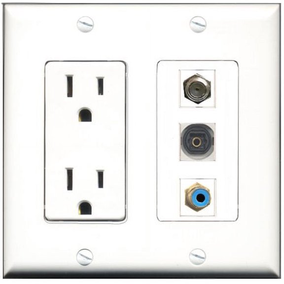 RiteAV - 15 Amp Power Outlet 1 Port RCA Blue 1 Port Coax 1 Port Toslink Decorative Wall Plate