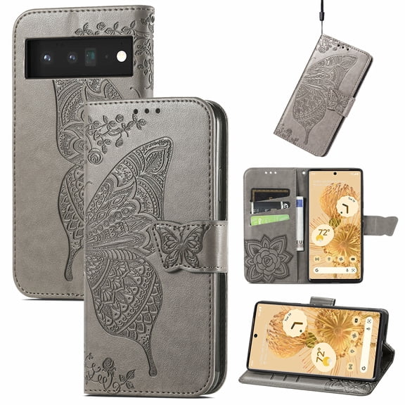 Phone Case for Google Pixel 6 Pro, Wallet Cover for Google Pixel 6 Pro 5G, Embossed Butterfly Premium PU Leather Shockproof Flip Stand Magnetic Closure Case with Card Slots, Gray