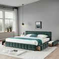 thumbnail image 6 of California King Upholstered Bed Frame with Drawers, Chenille Fabric Platform Bed with Headboard, Storage Drawers on Rollers, No Box Spring Needed, Green, 6 of 18
