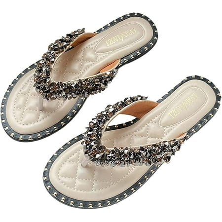 

CoCopeaunts Women s Slide Sandals Fashion Crystal Jeweled Flip Flops Summer Bohemia Rhinestone Dressy Sandals Slipper for Women