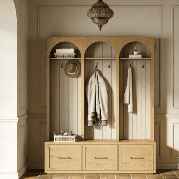Oak Natural Farmhouse Hall Tree with Arched Design, Entryway Bench with Coat Hooks & Shoe Storage Drawers for Mudroom