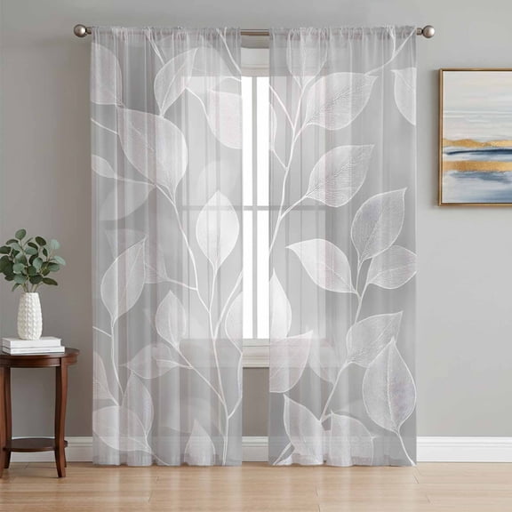 Silver Gray Leaves Sheer Curtains 72 Inch Length 2 Panels Set, Vintage Abstract Branch Botanical Voile Window Treatment Rod Pocket Curtains Sheers Drapes for Bedroom/Living Room/Kitchen 52"x72"x2