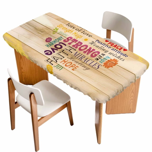 Love Peace Text Table Cloths for 5 Foot Rectangle Tables, Farmhouse Inspirational Quotes Wooden Patio Waterproof Elastic Fitted Tablecloths, Washable Rectangular Table Cover for Camping