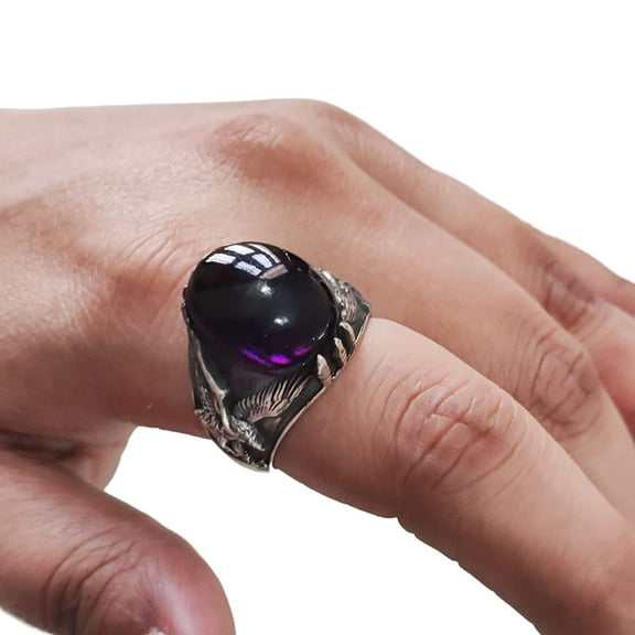 Amethyst Mans Ring, Natural Amethyst, February Birth, Eagle Silver Jewelry, 925 Silver Ring, Birthday Gift, Heavy Mens Ring, Arabic Design, Ottoman Style Ring, Christmas, Turkey Mens Signet Ring