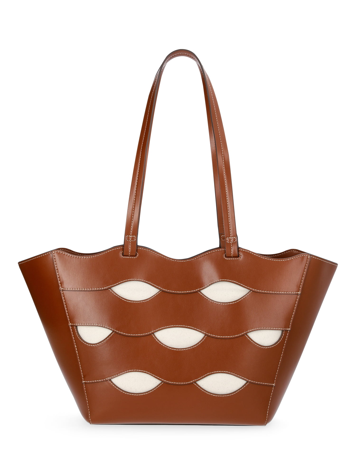 Free Assembly Women's Allegra Faux Leather Cut Out Tote Handbag, Cognac/Cream
