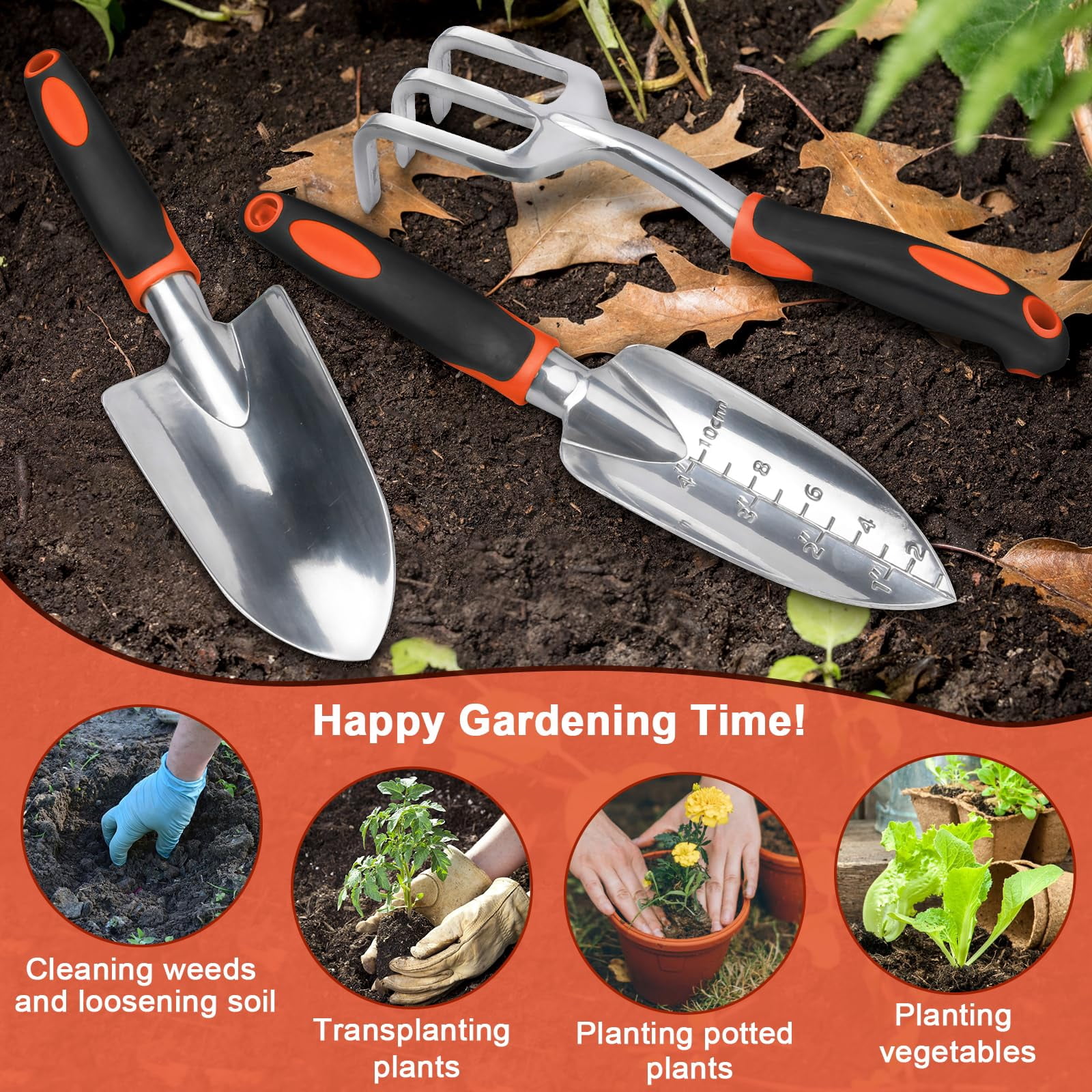 Heavy Duty Garden Tools Set 3-Pack with Ergonomic Non-Slip Handles Aluminum Alloy Shovel Trowel Hand Rake for Lawn and Planting