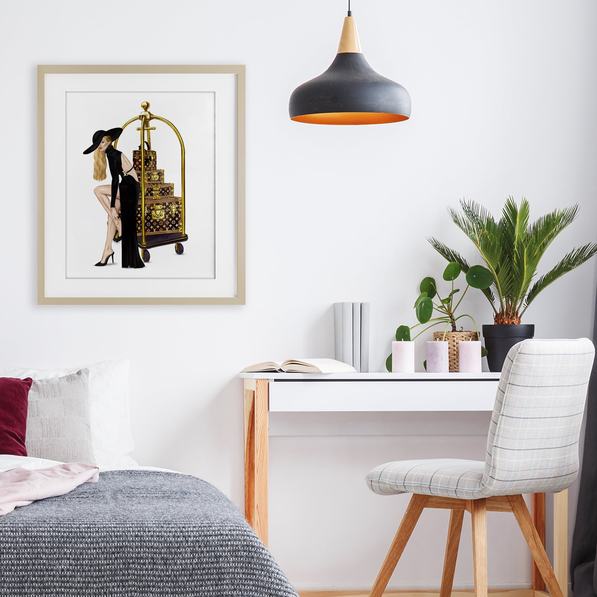 Fashionista with Hotel Luggage Birch Framed Print Under Glass, design by Ziwei Li