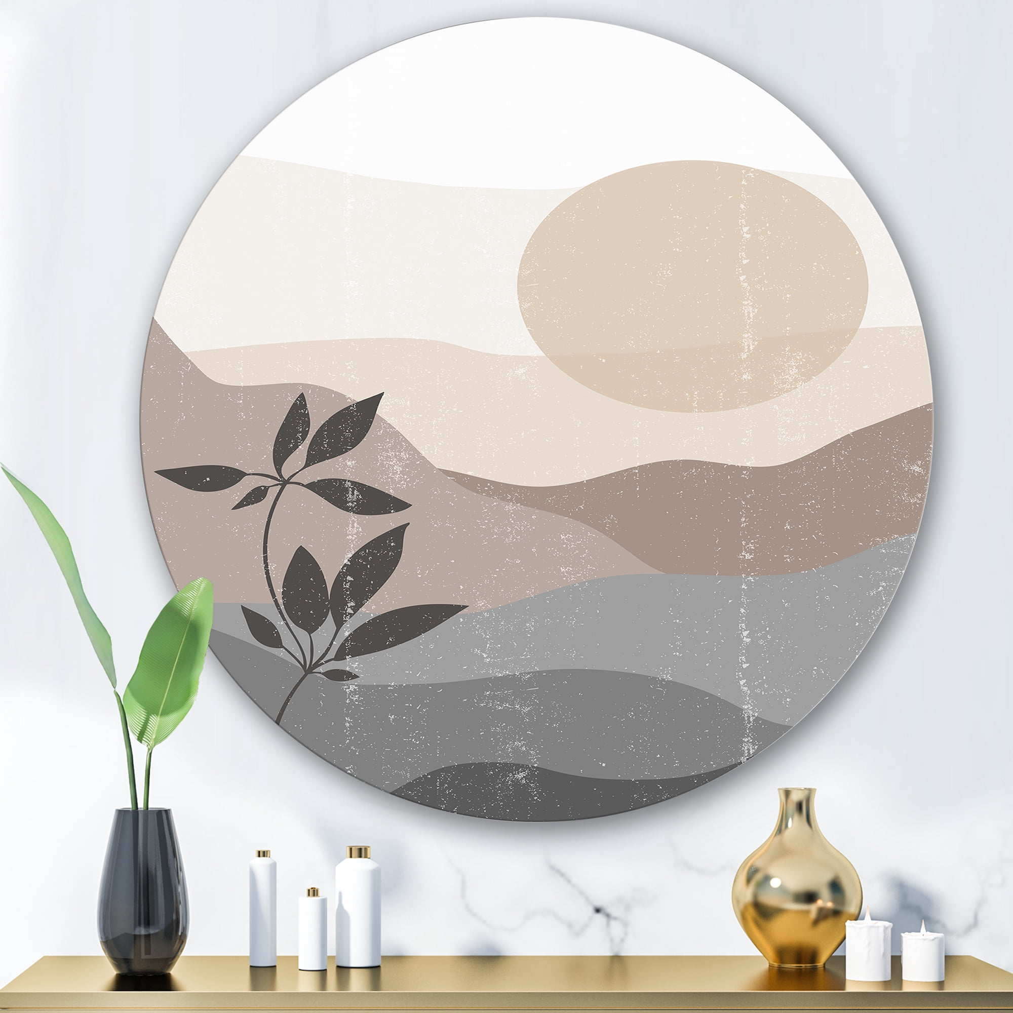 Designart 'Minimalist Sunset Over Mountain Landscape' Modern Circle Metal Wall Art 36x36 - Disc of 36
