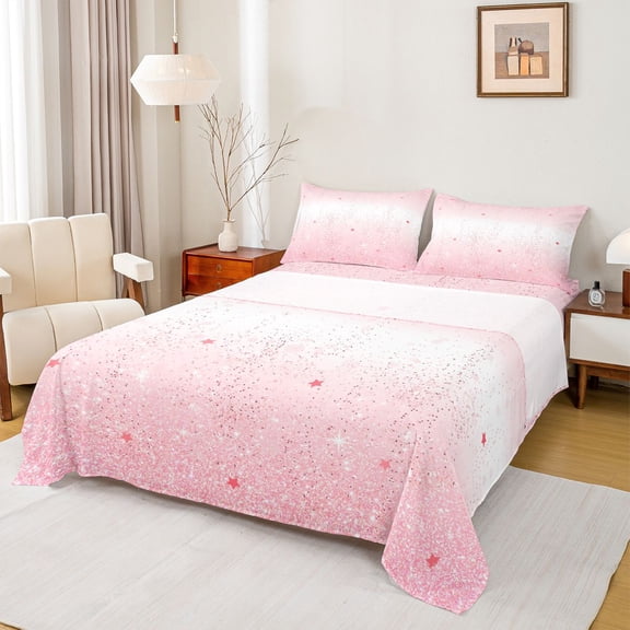 jejeloiu Pink Sparkling Star Pattern Full Size Sheets Kids,Dreamy Princess Style Bed Sheets For Girls,4 Pieces