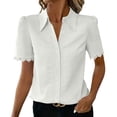thumbnail image 2 of ClodeEU Women's Collared V Neck Short Sleeve Button Shirt with Lace Trim,Casual Fitted Work Shirt for Office White,Women's Plus XL, 2 of 7