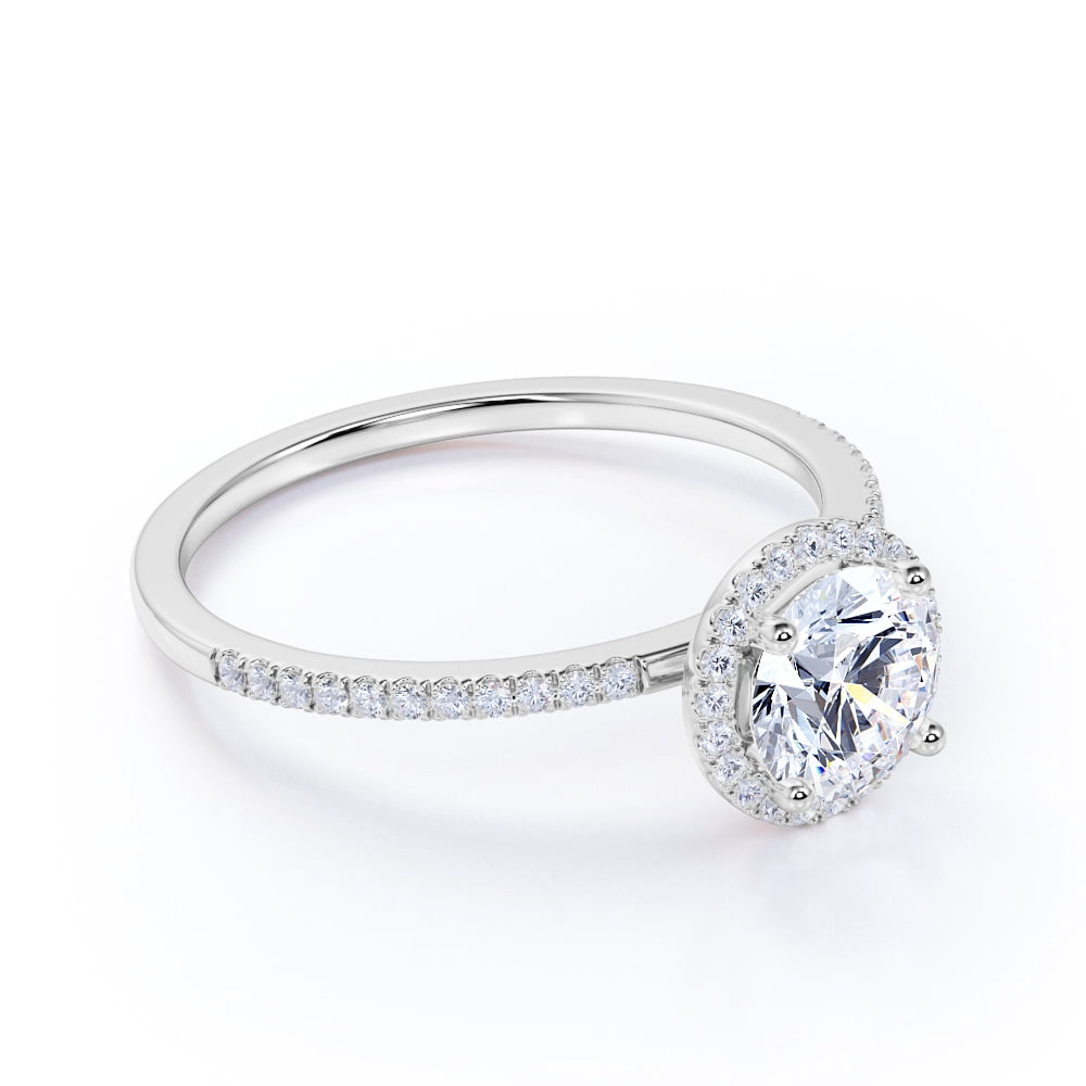 JeenMata 1 Carat Round Cut Moissanite Halo Engagement Ring in 18k White Gold Over Silver