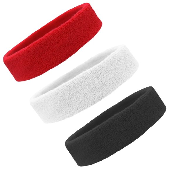 Kenz Laurenz Sports Elastic Headband Sweat Bands, Athletic Stretchy Head Band Workout Running, Basketball Moisture Wicking Terry Cloth Set Sweat Hair for Women Men (Red/Black/White) Fits Most
