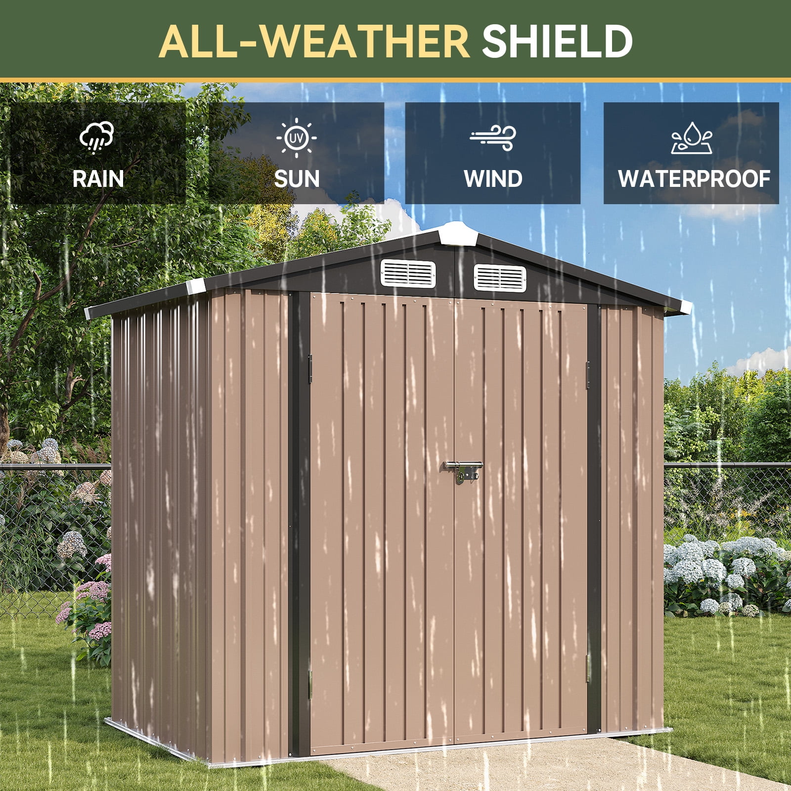 BaPiPro 6'x4' Metal Storage Shed, Outdoor Metal Shed Garden Tool Shed with Sloping Roof, Double Lockable Doors, Vents, Brown