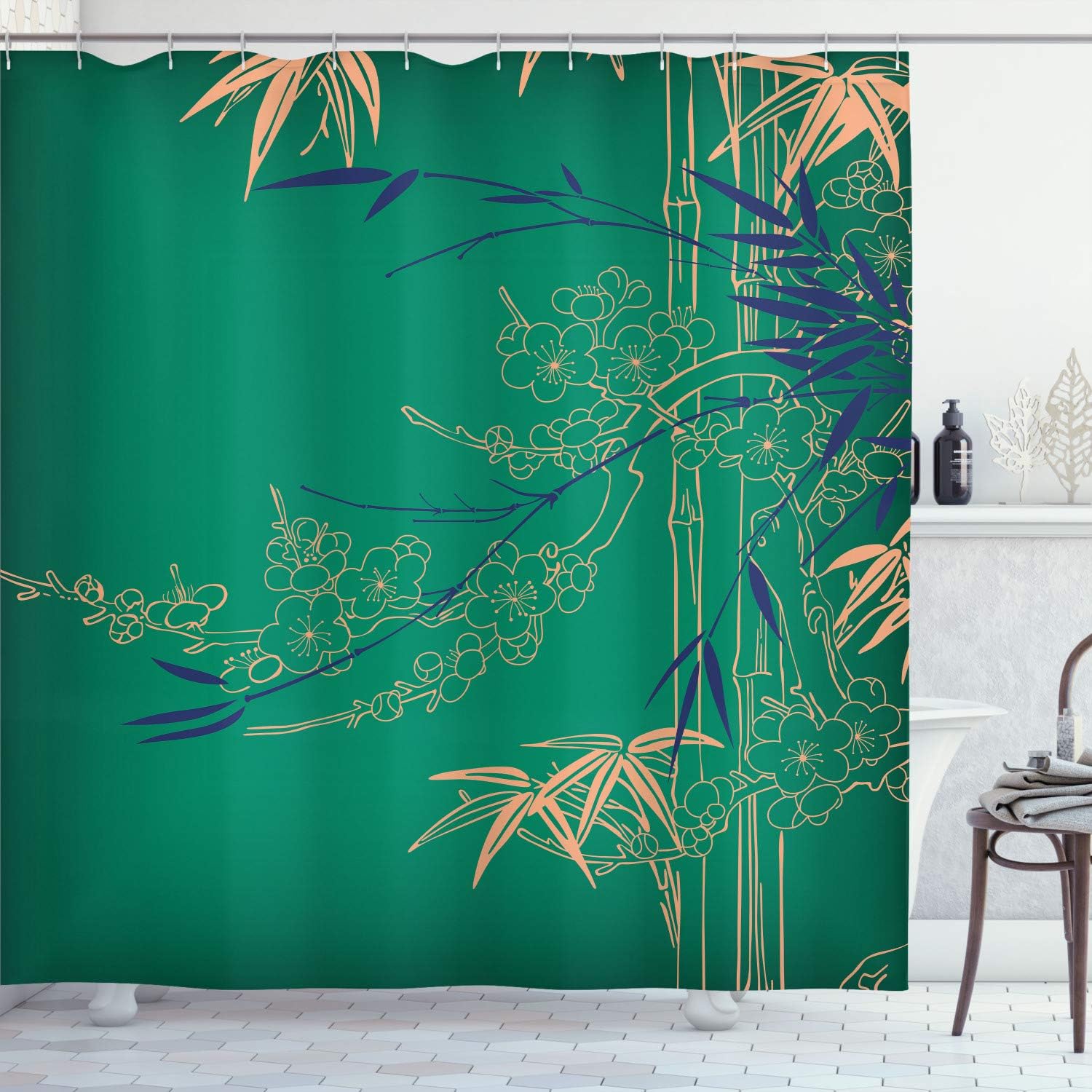 SPXUBZ Bamboo Print Shower Curtain, Asian Stems Branches Flowers
