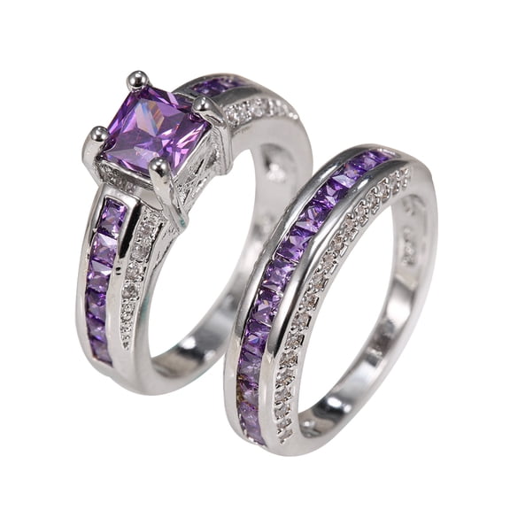 Opolski 2Pcs Princess Jewelry Square Faux Amethyst Rhinestone Inlaid Wedding Ring Band