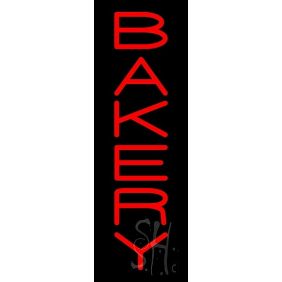 Vertical Red Bakery LED Neon Sign 24" Tall x 8" Wide, Clear Edge Cut Acrylic Backing, with Dimmer - Bright and Premium built indoor LED Neon Sign for restaurant window and interior decor.