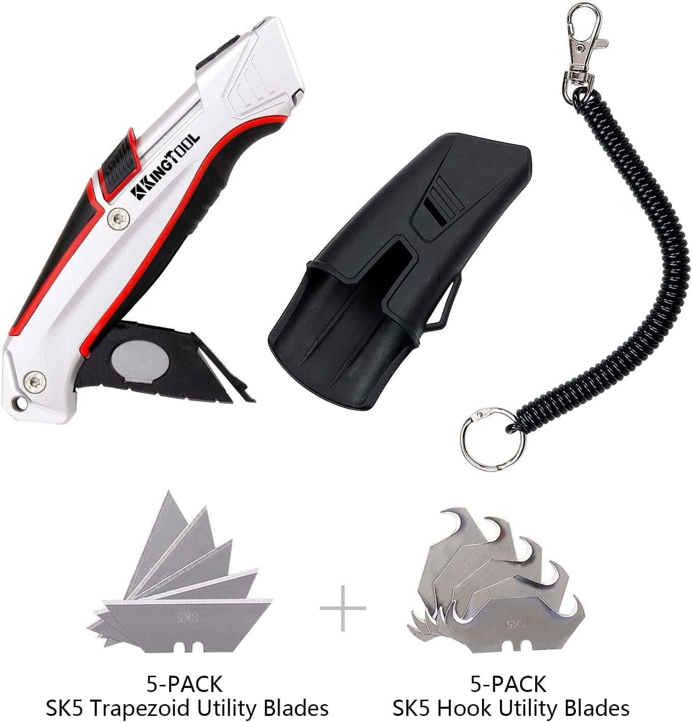 Self-Retracting Box Cutter with Holster & Belt Clip, Auto Retractable Safety Utility Knife with Total 10PCS 5 blades, Aaluminum Shell with Rubber Grip, Sturdy & Strong