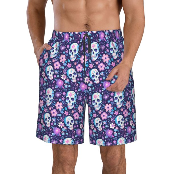 Fotbe Skull Purple Flower Trajes de Baño Estampados para Hombre, Shorts de Verano de Secado Rápido, Ropa de Playa, Bañadores-Large