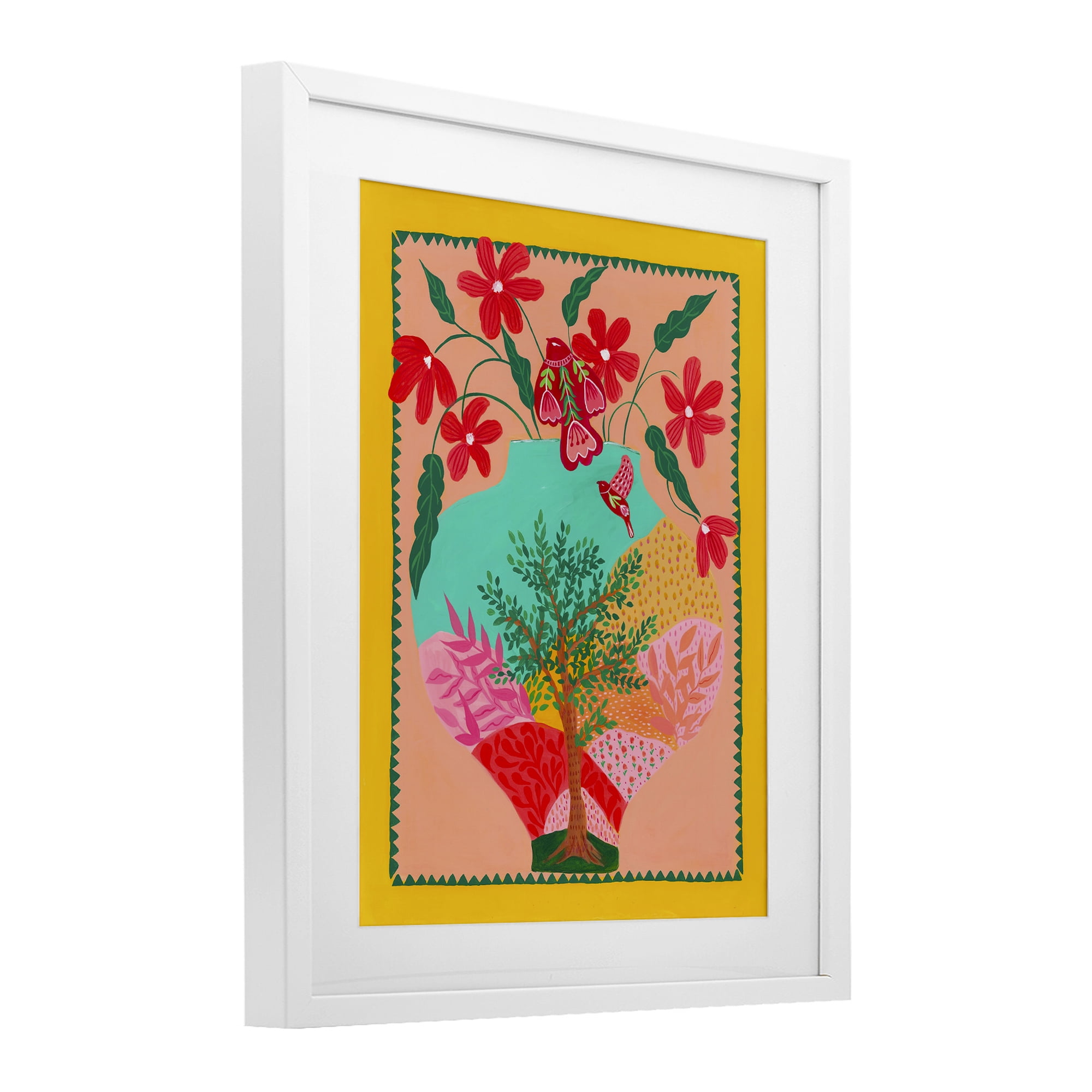 Folk Patterned Hope Vase White Framed Print Under Glass, design by Nabeela Rumi