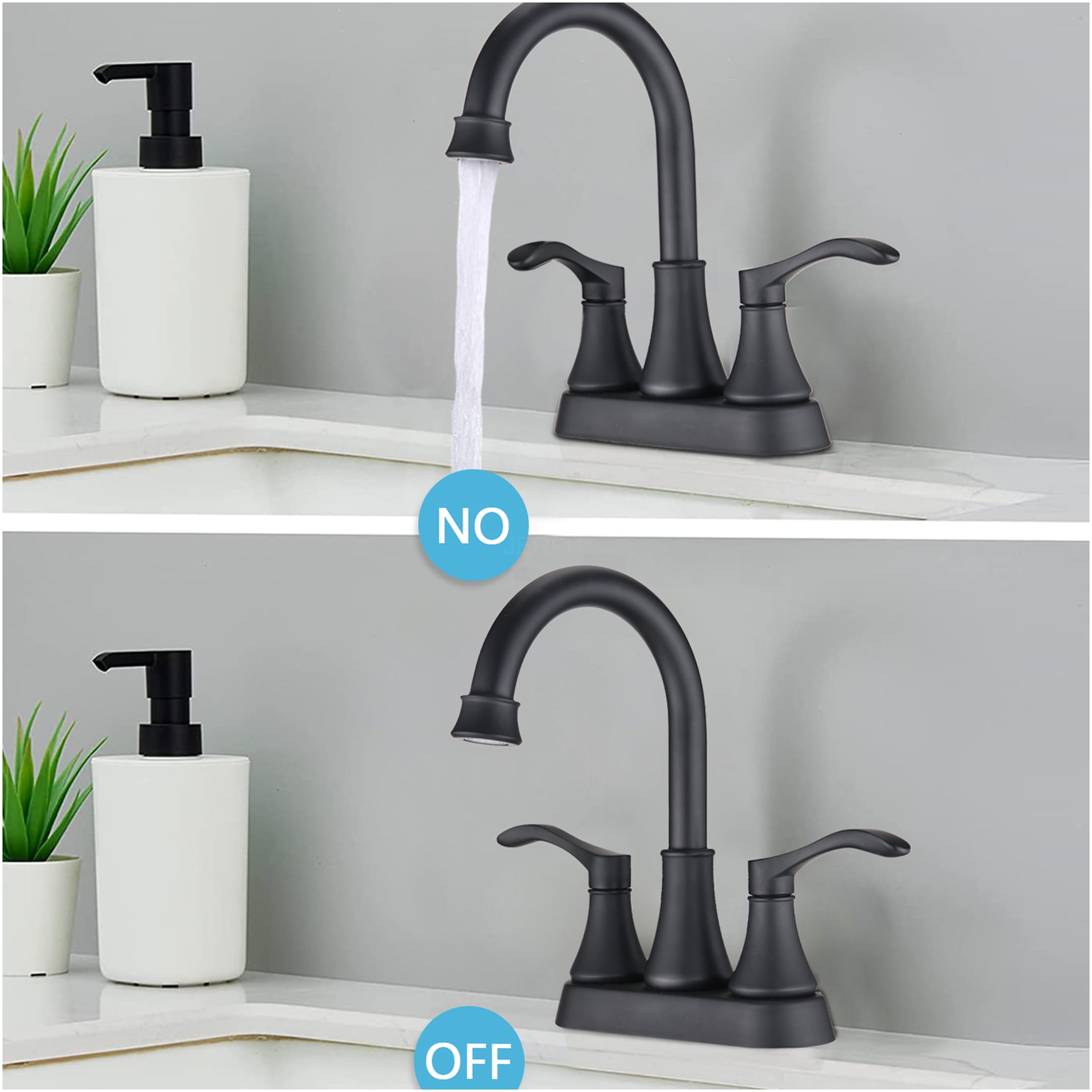 JERFIT 4-inch Centerset Bathroom Faucet with 360° Swivel Spout and Pop-Up Drain, Matte Black Finish, 2-Handle High Arc Zinc Alloy Faucet for Bathroom Sink