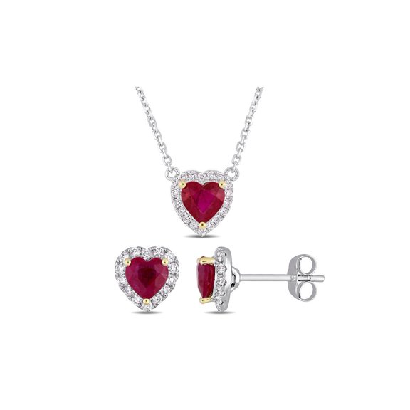1.67 Carat (Ctw) Ruby Heart Earrings and Pendant Set in 14k White Gold with Diamonds 1/3 Carat (Ctw) for Women