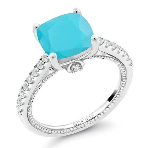 Gem Stone King 3.27 Ct Cushion Green Turquoise White Created Sapphire 925 Sterling Silver Ring (Size 9)