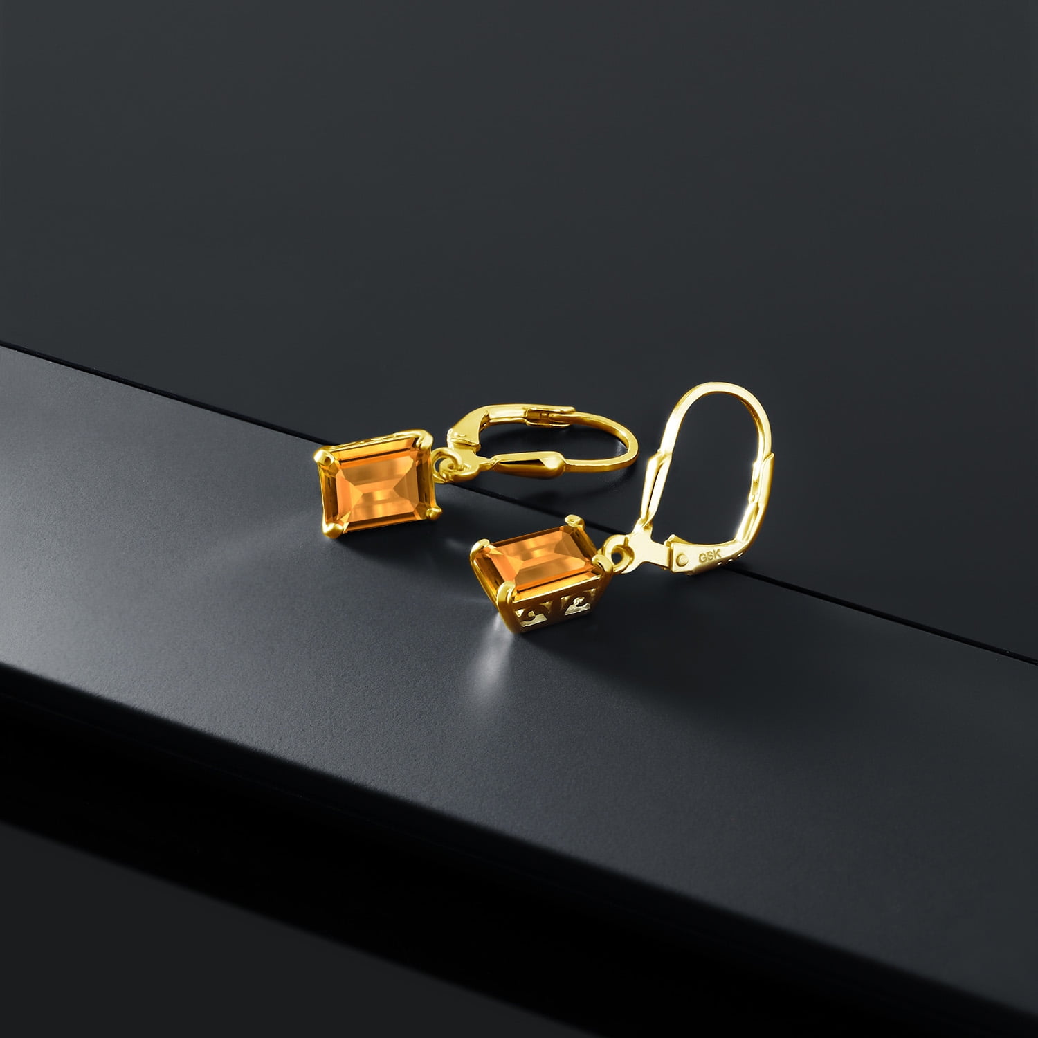 Gem Stone King 18K Yellow Gold Plated Silver Yellow Citrine Dangle Earrings for Women (3.30 Cttw, Gemstone November Birthstone, Emerald Cut 8X6MM)