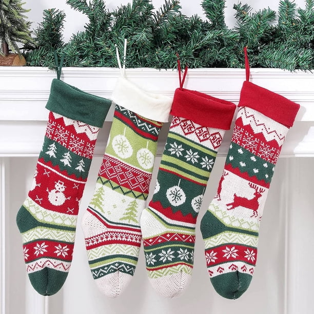CHAO Paquete de 4 medias navideñas de 20 pulgadas, muñeco de nieve, alce, impresas, bolsa de regalo de dulces, chimenea de punto, árbol de Navidad, Año Nuevo, decoraciones navideñas para el hogar
