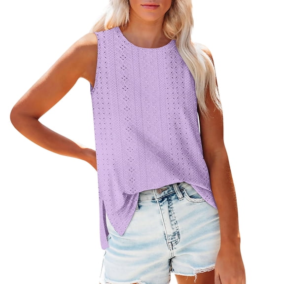 Women's Fashion Round Neck Sleeveless Slit Tank Top, Solid Color Casual Top for Stylish Summer Outfits,Purple,S