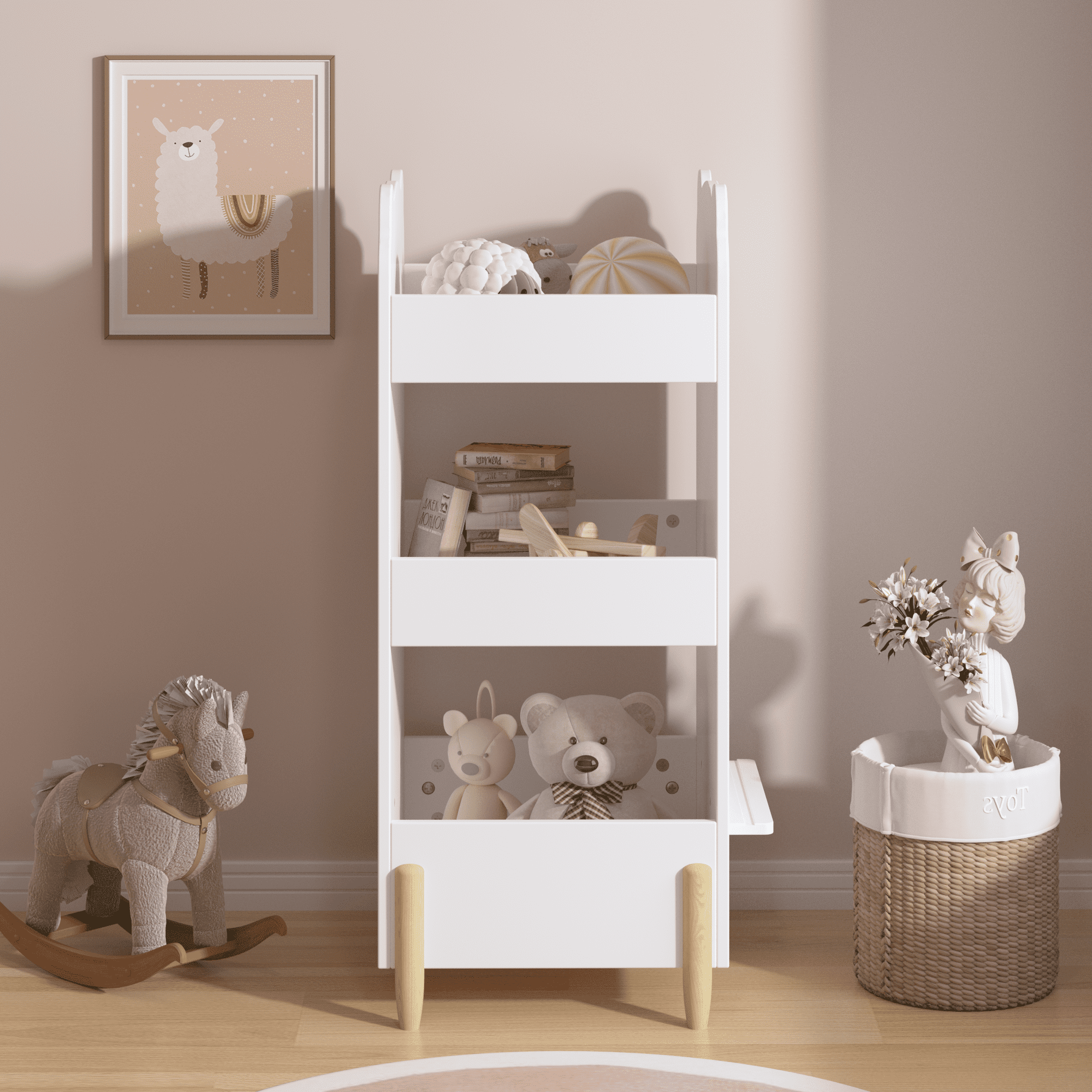 Kids Bookshelf with Chalkboard Side – Bear-Shaped Wooden Bookcase with 3-Tier Storage, Drawing Board for Toddlers, Toy and Book Organizer for Playroom or Bedroom – White