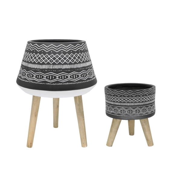 Flora Bunda CTF259E2-BK 18 & 10 Tribal Fiberglass Plant Pot on Wood Stand,SET OF 2